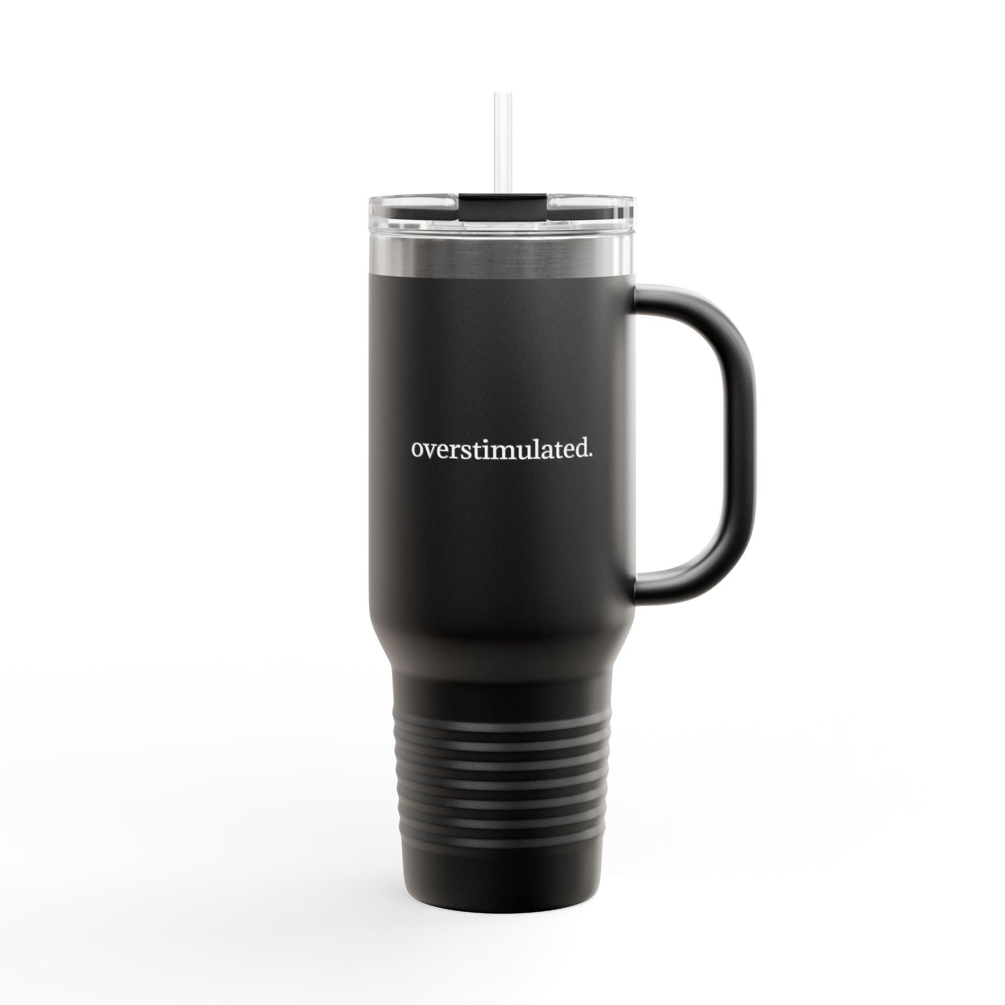 Insulated Travel Mug – 'overstimulated.' 40oz Stainless Steel Tumbler with Handle, Leak-Resistant Lid