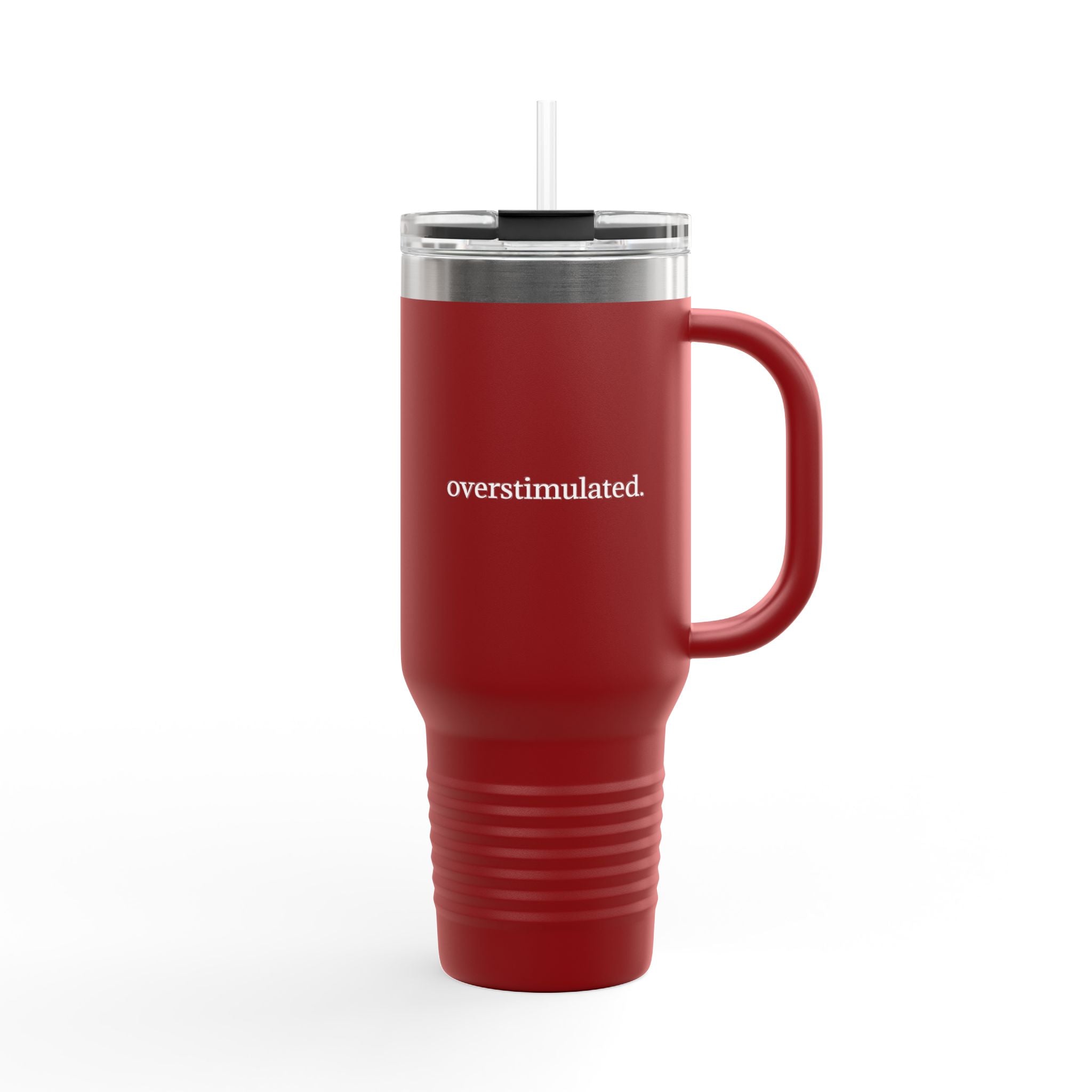 Insulated Travel Mug – 'overstimulated.' 40oz Stainless Steel Tumbler with Handle, Leak-Resistant Lid