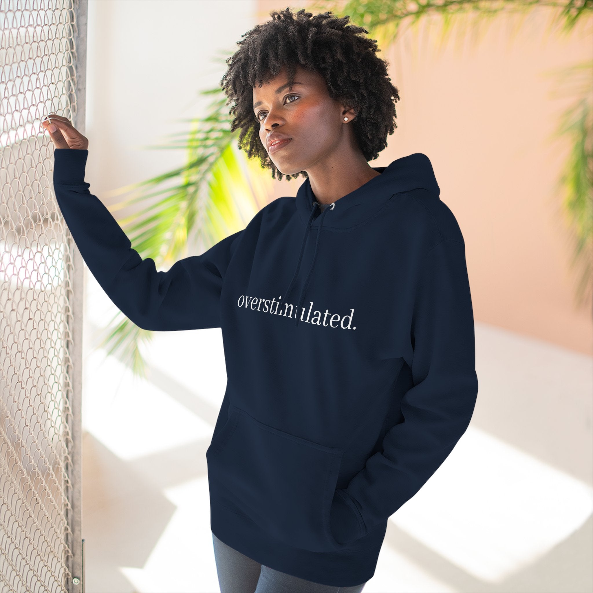Overstimulated Hoodie — Minimal Text Fleece Pullover